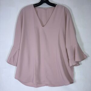 Pleione Anthropologie Blouse Womens light Pink 3/4 Flutter Sleeve V Neck Size M